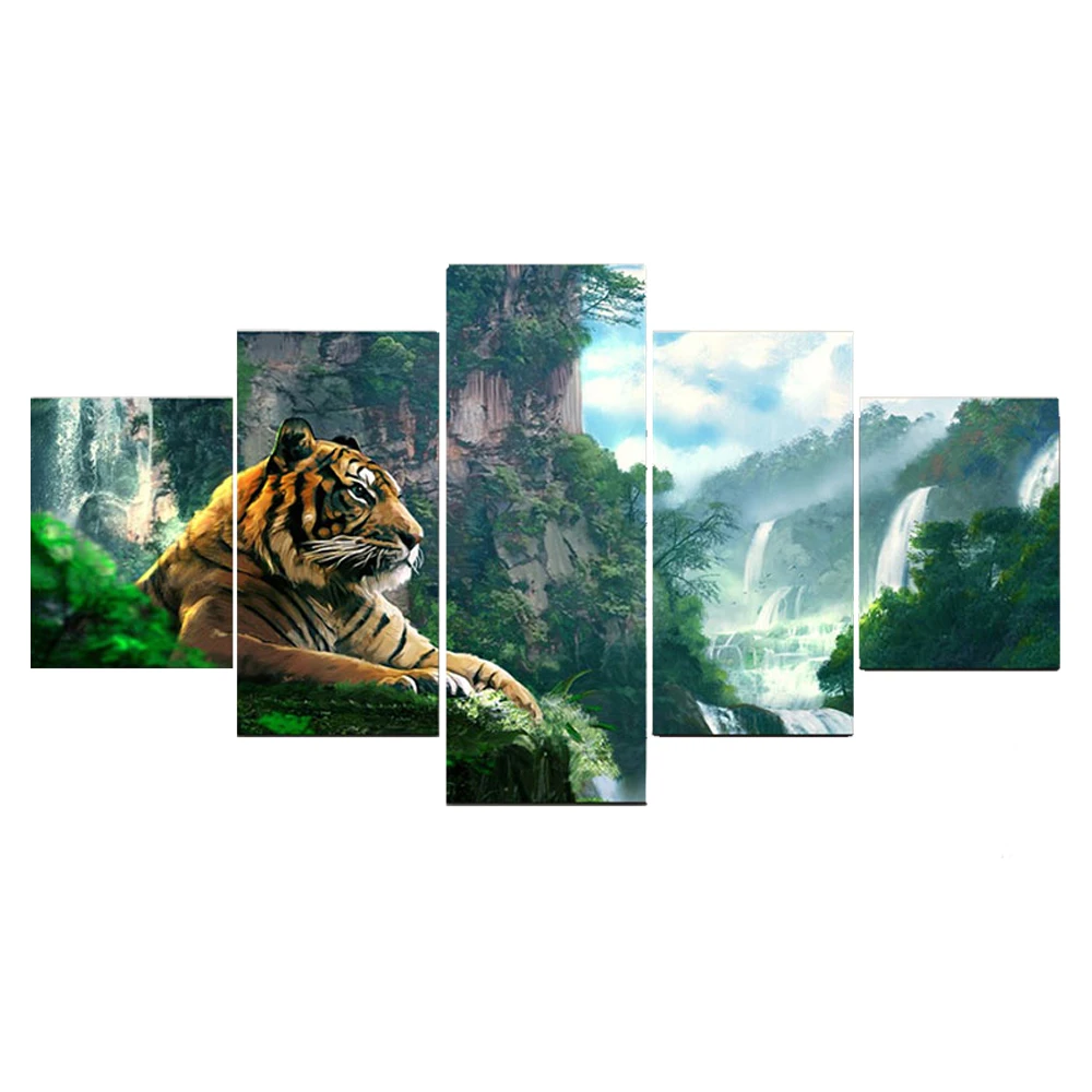

Hd Print Poster 5 Panels Tiger Mountain Waterfall Landscape Painting Home Decoration Picture Living Room Bedroom Decor Poster