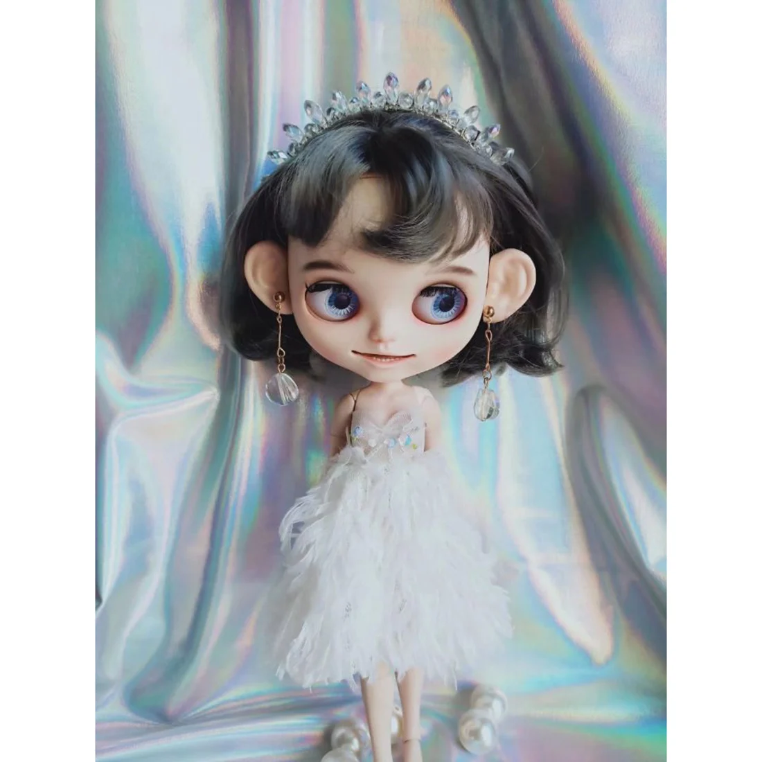 Белое платье Modikerbjd с имитацией перьев для куклы блайз ткань на заказ без и обруча