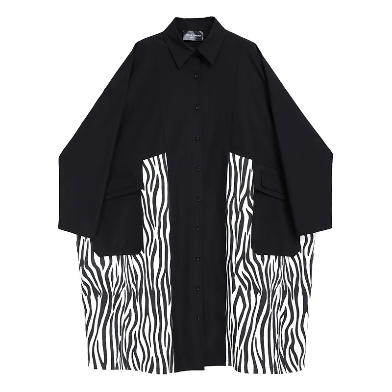 

Fashion Large Women's Spring New Print Dress Loose Shirt Dress Oversize Striped Black Long Sleeve Spring Summer Shirt Dress