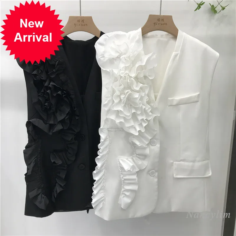 

Pleated Ruffled Suit Vest Women's 2021 Autumn New Design Sleeveless Coat Lady Loose All-Match Waistcoat White Black Nancylim