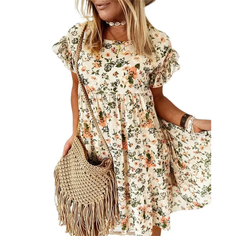

Women Floral Printed Summer Mini Dress Baggy Round Neck Short Sleeve Holiday