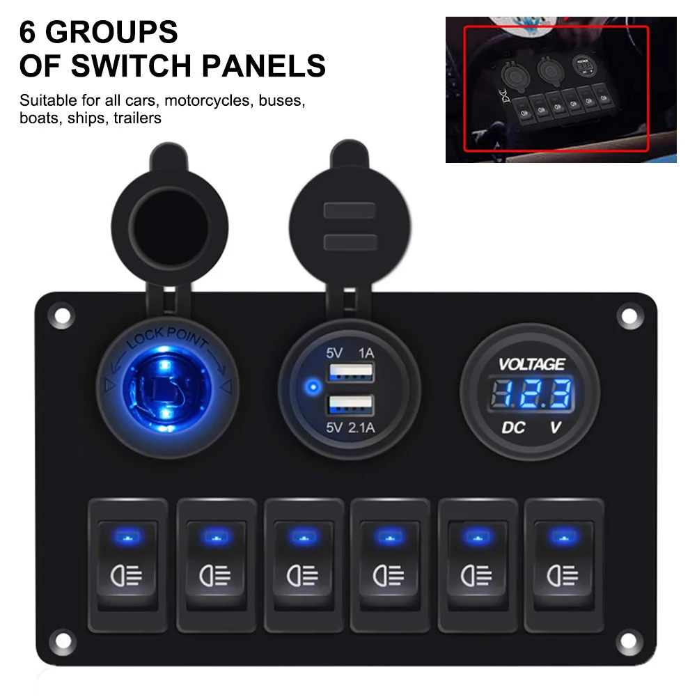 

Universal 12V-24V 6 Groups Switch Panels with Dual USB Car Lighter Digital Voltemeter Waterproof for Car Marine Boat Truck Yacht
