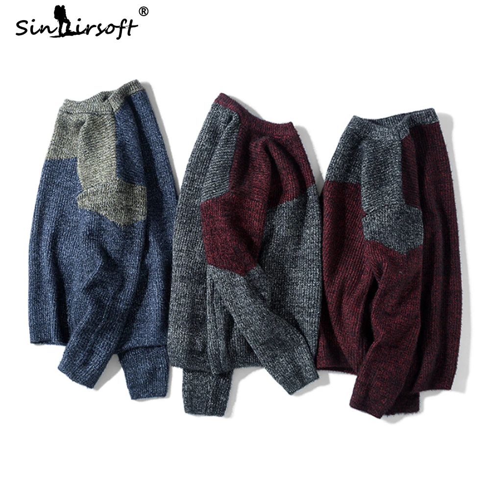 Пуловер с круглым вырезом в консервативном стиле мужской вязаный свитер пэчворк