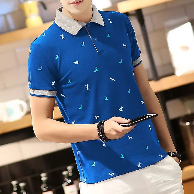 

Fawn print men's thin short-sleeved lapel polo shirt men's slim fit men's small ant print fashion casual T-shirt men's clothing