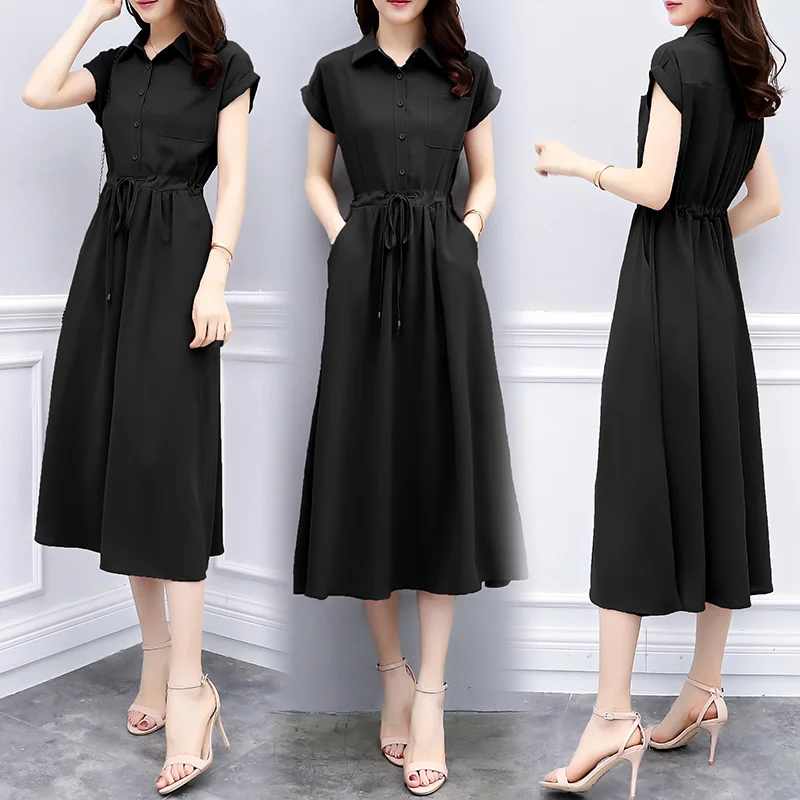 

High Quality Summer Casual Women Vintage High Waist Elegant Dress Lace-up Slim-fit Loose Shirt Dress