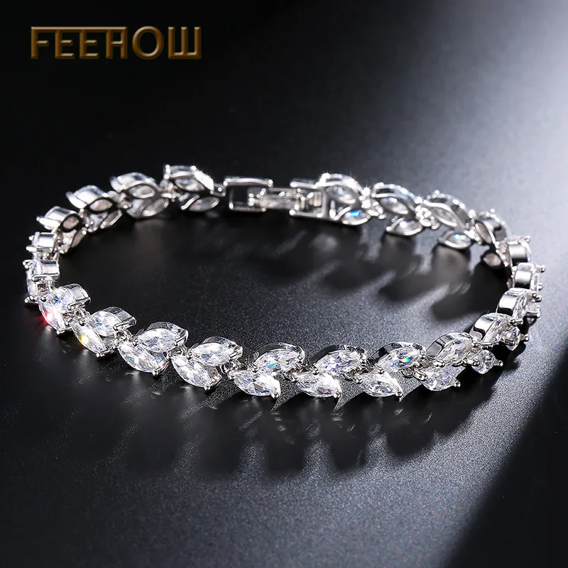 FEEHOW, высокое качество, Marquise Cut, прозрачный CZ циркониевый браслет и браслеты для женщин, подарок, модный, кристалл, камень, лист, ювелирное изделие, FWBP061