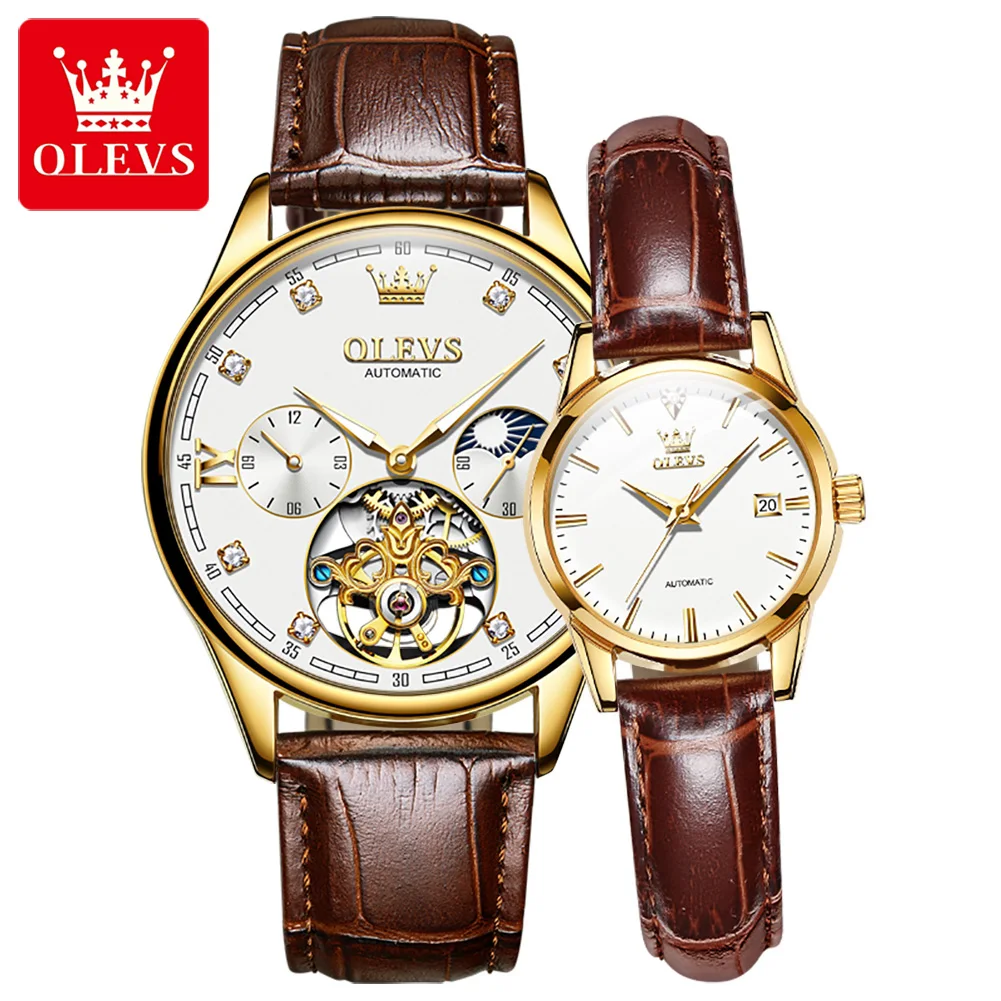 

Часы-скелетоны Olevs для влюбленных, повседневные автоматические механические наручные часы с кожаным ремешком для мужчин и женщин, мужские ч...