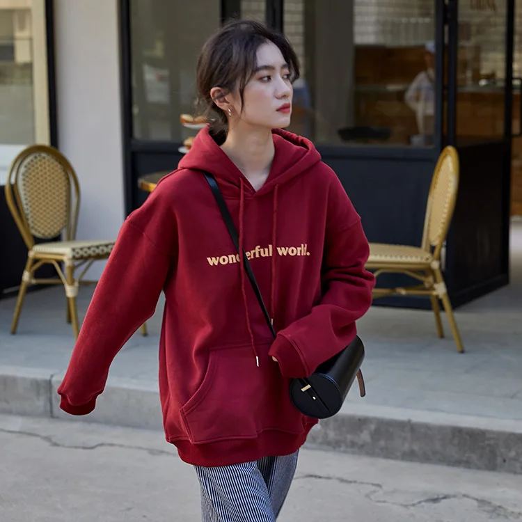 

Autumn Female Pullover Women Hoodies Solid Loose Drawstring Sweatshirt Long Sleeve one