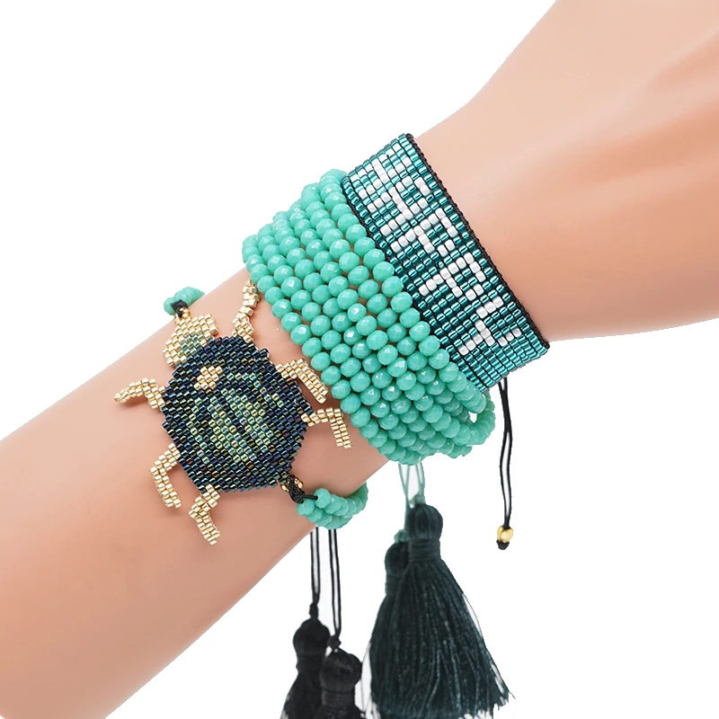 Go2boho MIYUKI браслет женский Зеленый Кристалл кисточкой Жук Pulsera Mujer счастливые насекомые браслеты в стиле бохо Handmad Delica бусины