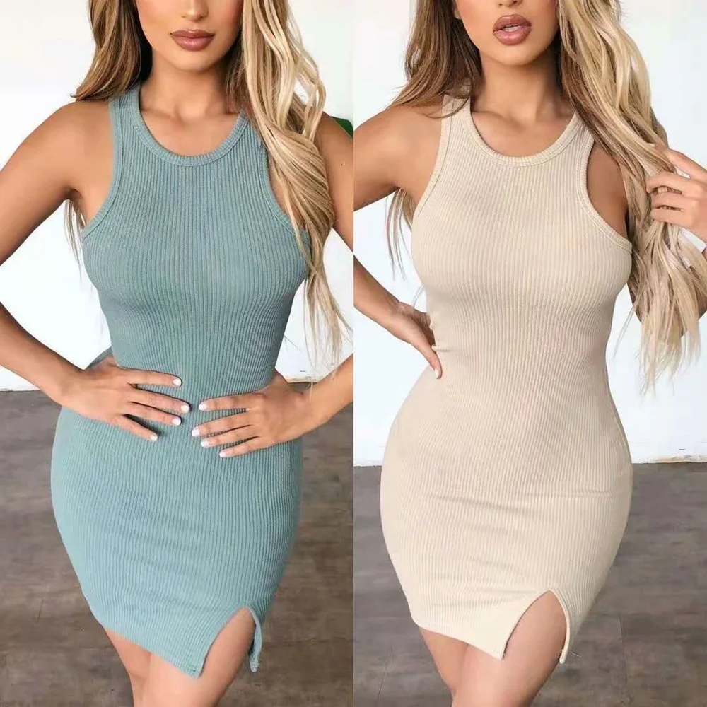 

Женское трикотажное платье-майка без рукавов, с круглым вырезом и Боковым Разрезом