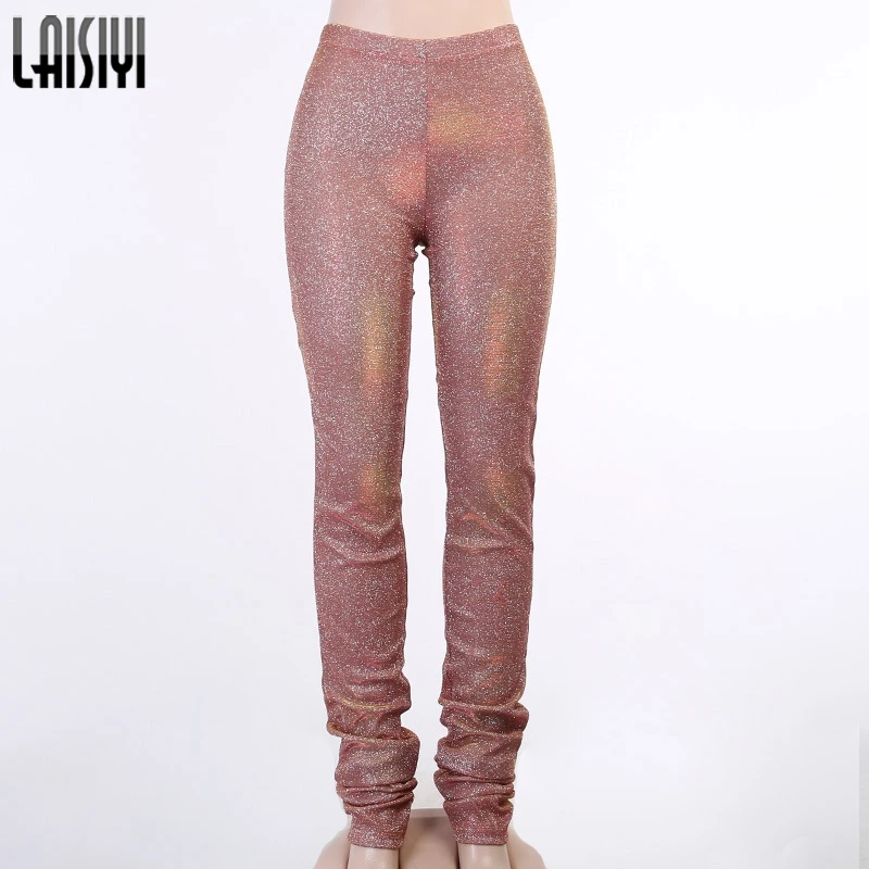 

LAISIYI High Waist Reflective Slim Fashion Pencil Pant Women Pleated Gradient Shining Stacked Pants Skinny Casual Bottoms Street