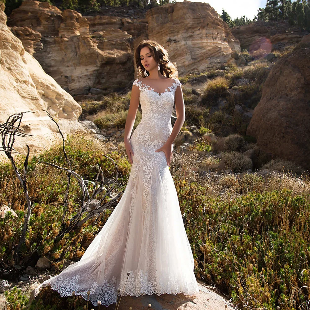 

Exquisite Wedding Dress Mermaid Cap Sleeve Sweep Train Bridal Gown Button Playa Vestido De Novia Applique Custom Made