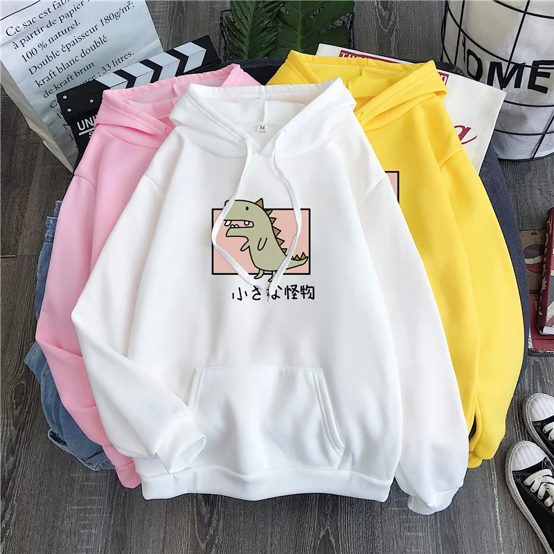 2020 Harajuku Толстовка с капюшоном длинными рукавами и динозавром Kawaii флисовые