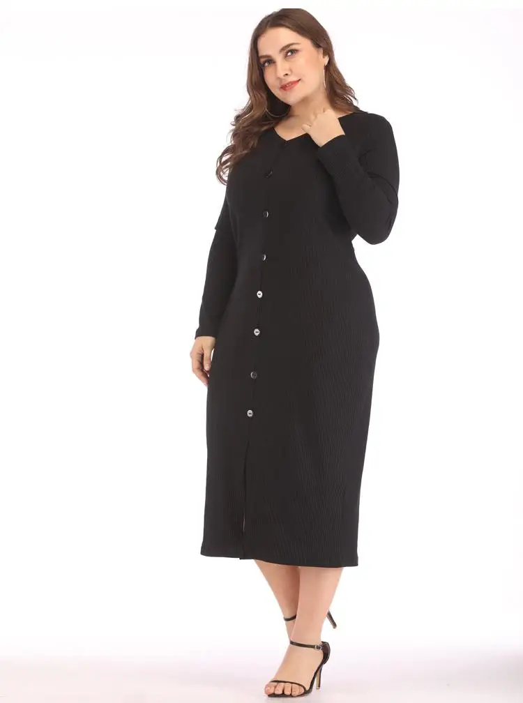 XL-4XL плюс размер осеннее длинное трикотажное платье зимнее женское Сплит с длинным рукавом Повседневное платье большого размера пуговицы спереди трикотажные платья