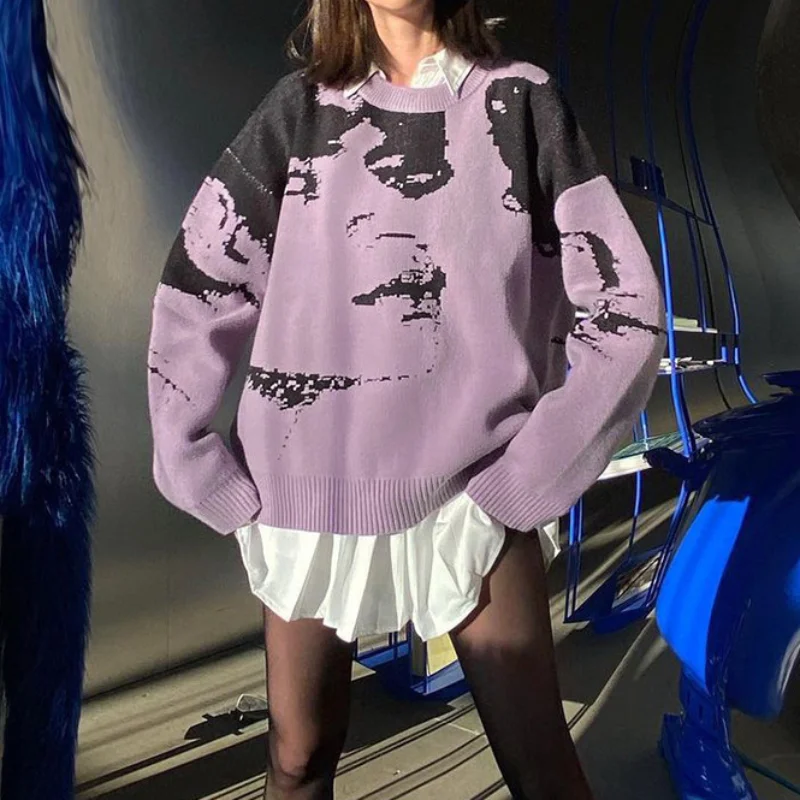 

Women's New Y2K Sweater Abstract Korean Printing Head Round Neck Pullover Knit Solid Color Fashion Loose Casual Style Top