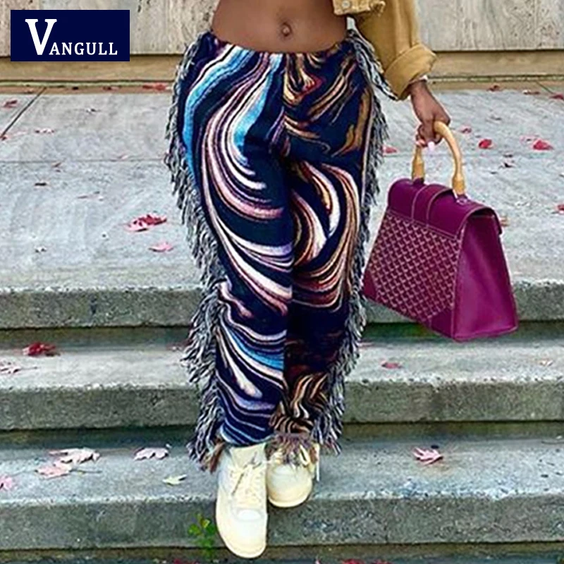 

Vangull с кисточками в стиле пэчворк в полоску с принтом брюки для бега женские Вечерние брюки 2021 осень повседневные джинсы скинни с завышенной...