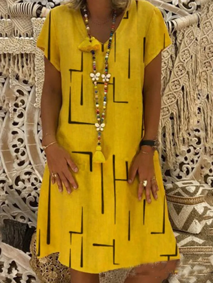 

Модные новые свободные пикантные короткие женские платья с принтом и V-образным вырезом