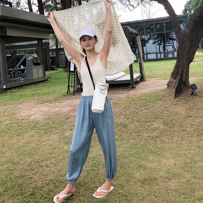 

2021 New Summer Women Korean Thin Ice Silk High Waist Solid Sports Harem Pants Loose Casual Trousers Plus Size Streetwear X109