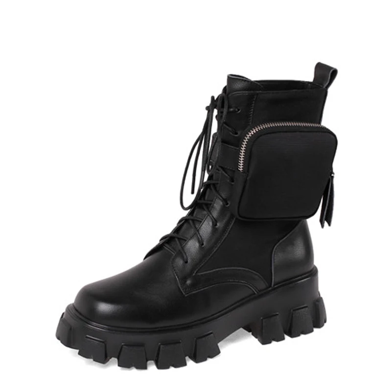 

FOREADA High Heel Motorcycle Boots Woman Real Leather Ankle Boots Platform Lace Up Short Boots Chunky Heel Ladies Shoes Beige