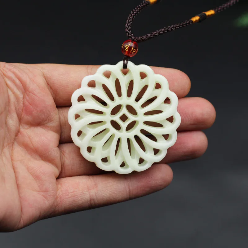 

Chinese Natural White Jade Pendant Necklace Double-sided Hollow Out Carved Charm Jewelry Fashion Amulet for Men Women Gifts