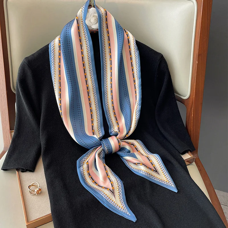 

2021 Fashion Silk Scarf Women Neck Long Scarves Office Lady Shawl Bandana Female Hairbands Luxury Striped Double Spring Scarfs