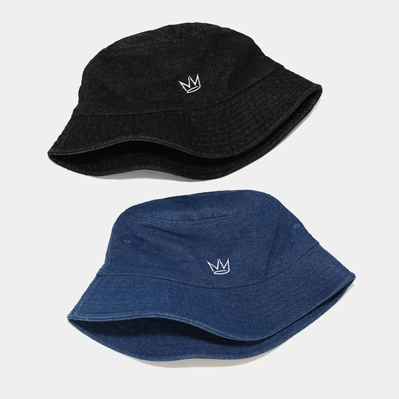 

Women Men Vintage Washed Denim Cotton Bucket Hat Harajuku Hip Hop Crown Embroidery Wide Brim Sunscreen Fisherman Cap