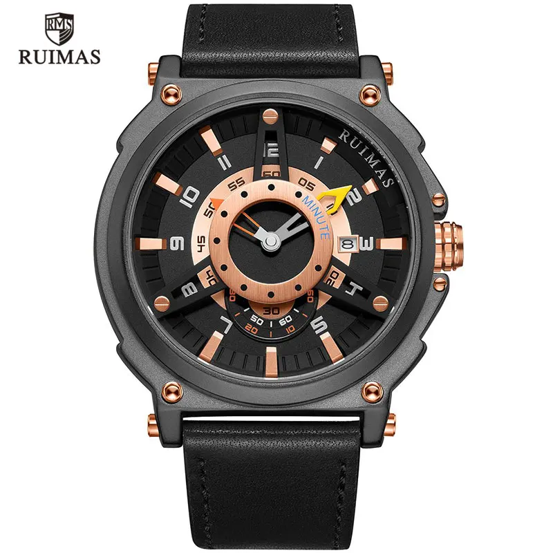 Мужские часы Ruimas брендовые Роскошные Водонепроницаемые наручные с кожаным