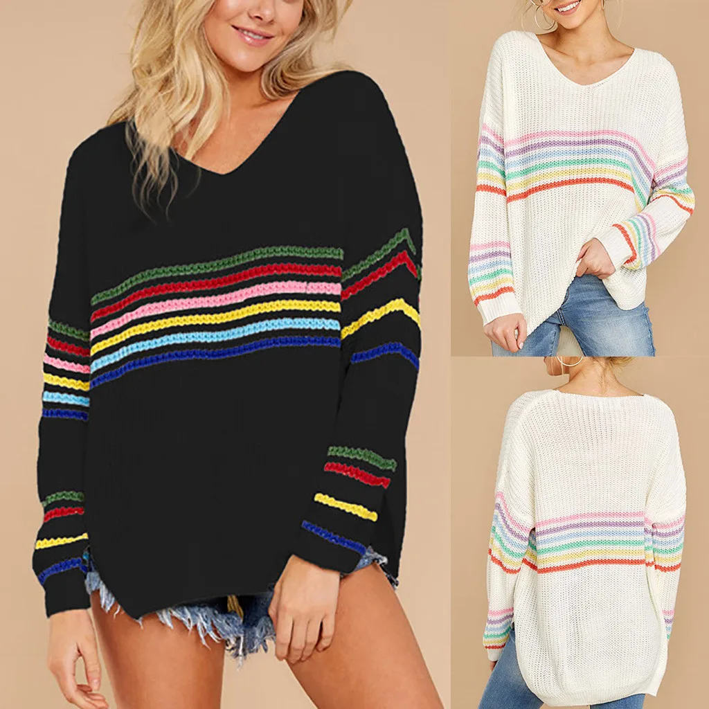 

New Casual Autumn Winter Knitted Sweater Women Rainbow V-neck Striped Plus Size Pullover Sweater Ladies Streetwear Sweater