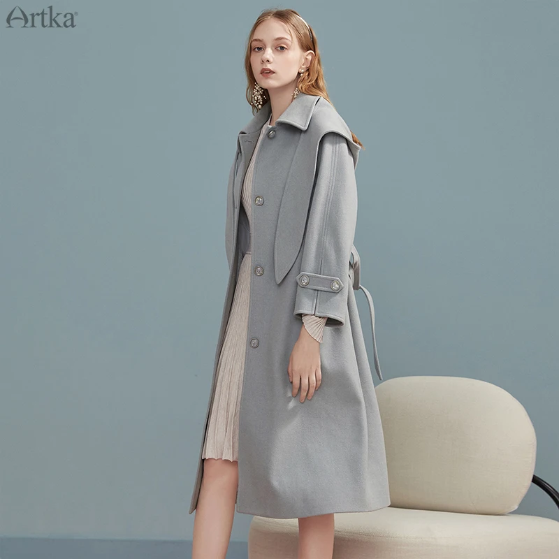 

Женское однобортное пальто ARTKA, длинное шерстяное пальто со съемным капюшоном, элегантное шерстяное пальто с поясом, FA20004Q, зима 2020