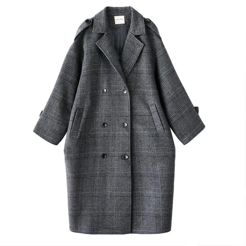 

Wool Coat Women Plus Size Plaid Feminino Elegant Long Double Breasted Womens Winter Clothing Blends for Ladies Korean Fashion
