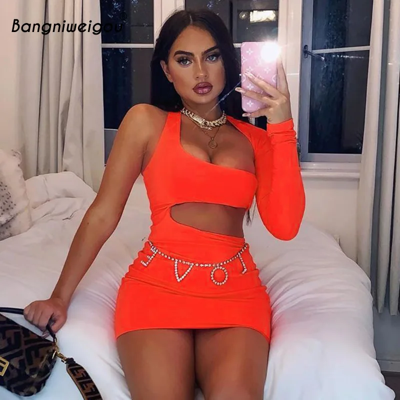 

Bangniweigou Neon Orange One Shoulder Hollow Out Club Dress Women Sexy Backless Long Sleeve Wrap Bodycon Short Dress Solid Color
