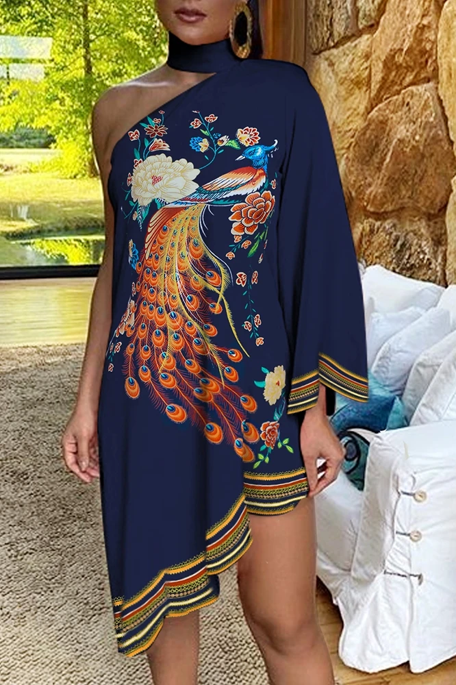 

2021 high qualityOne shoulder peacock floral print dress