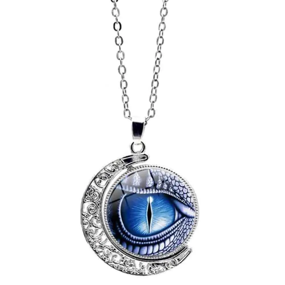 

Unisex Rotate Round Dragon Eye Crescent Moon Pendant Long Chain Necklace Jewelry
