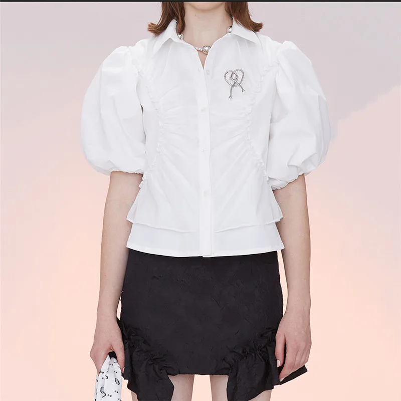 

2021NEW age-reducing pleated mesh stitching puff sleeve women's white shirt, summer fashion loose short-sleeved T-shirt top