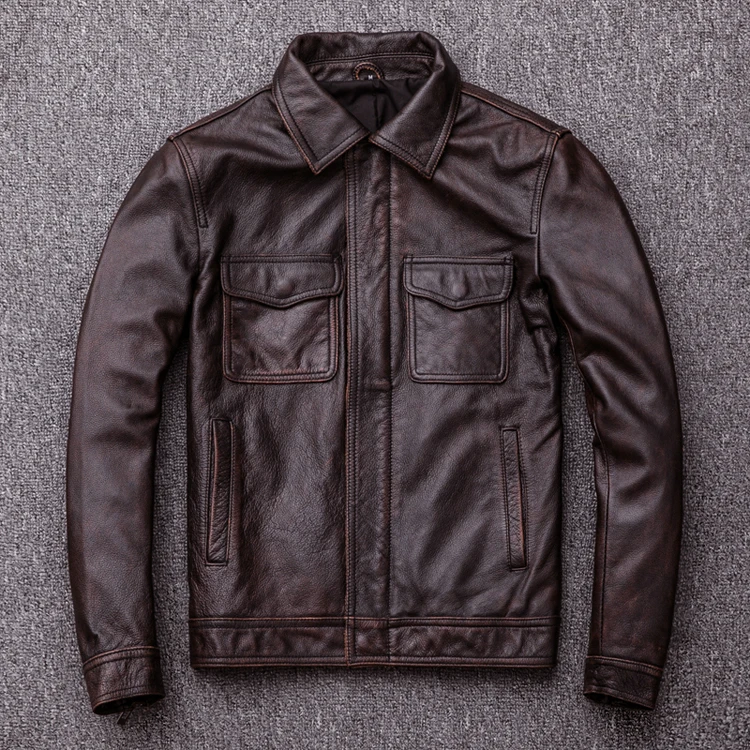AMEKAJI head layer cowhide retro stone mill do old leather leather motorcycle leather jackets men brief paragraph