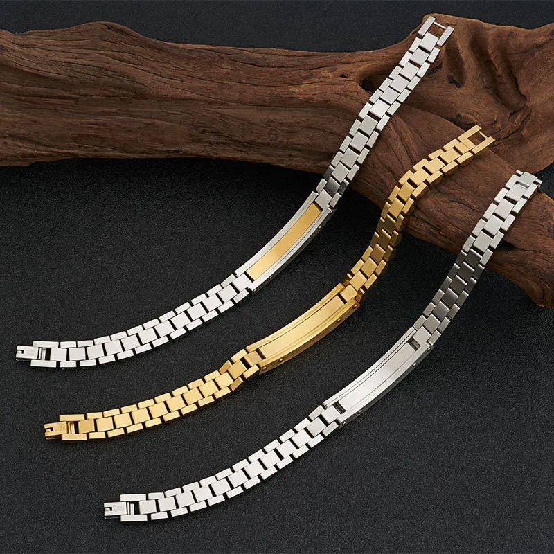 

NHGBFT Stainless Steel Bend Bracelets for Mens Gold color Chunky Watch Band Links Wrist Bracelet
