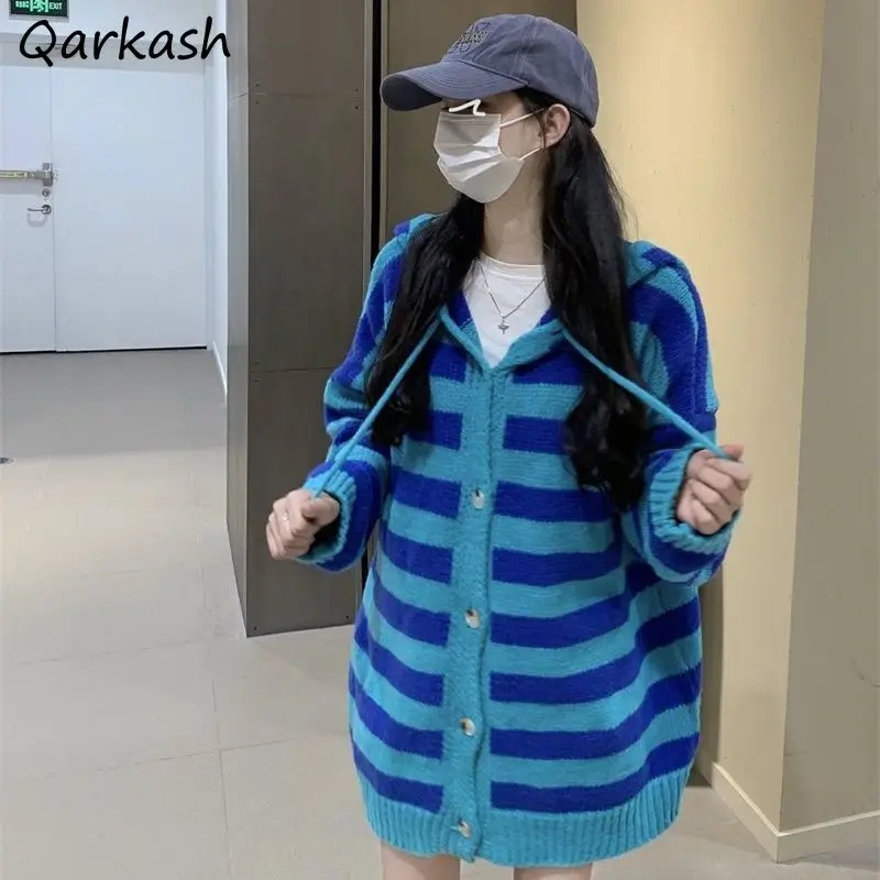 

Cardigan Women Hooded Striped Loose Autumn All-match Simple College Leisure Female Cozy Fashion Mujer Sweaters Vintage Daily Ins