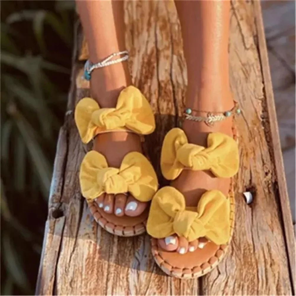 

Women Beach Slippers 2021 Summer New Bowtie Flock Ladies Slip On Fish Mouth Casual Sandals 35-43 Female Dress Slides