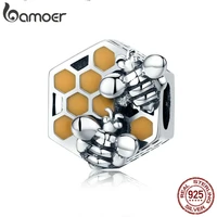 bamoer new collection 925 sterling silver honeycomb honey bee square charm beads fit women bracelet diy jewelry making scc500