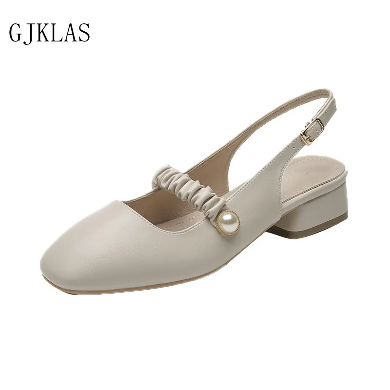 

Ladies Party Shoe Chunky Heels Sandals Pumps Low Heel Shoes Women Fashion Close Toe Apricot Block Heels Woman Shoes Sandals