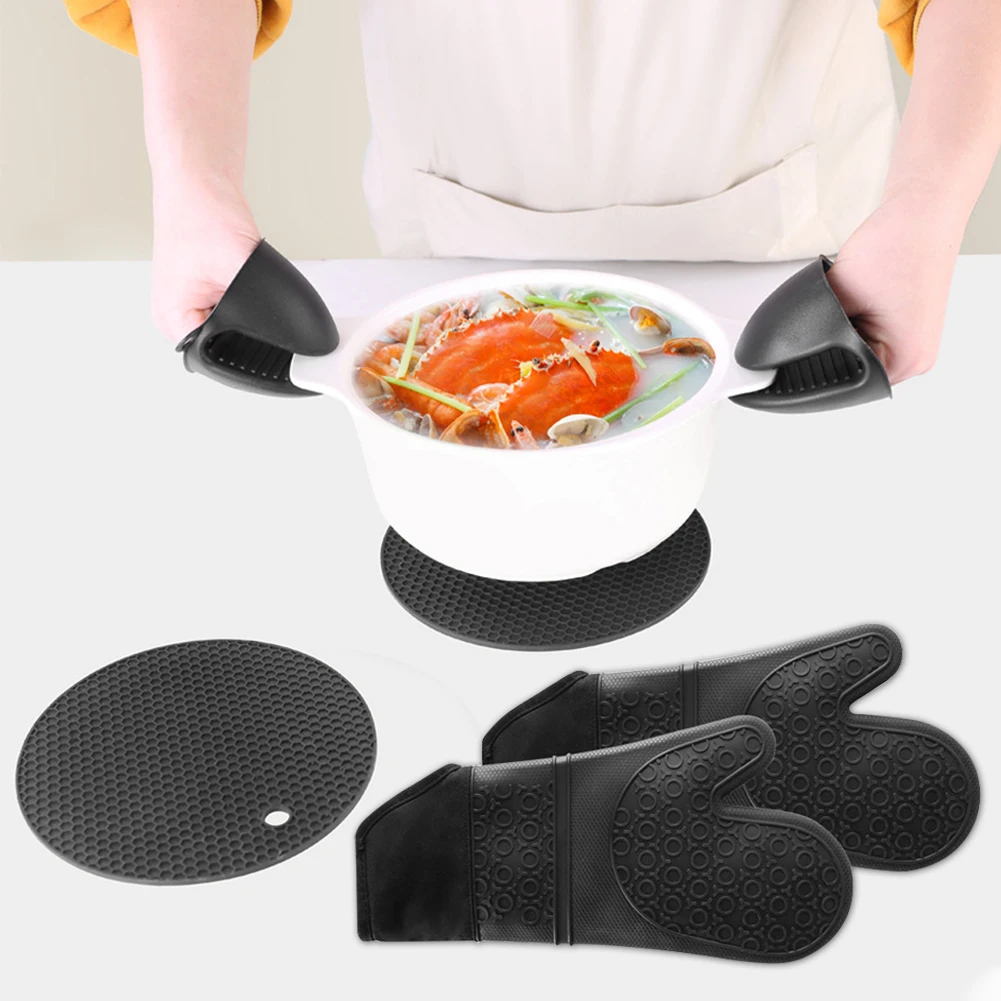 

6pcs Insulation Pad Oven Mitts Set Easy Clean Non-Slip Anti-scalding Pot Holders Hand Clip Tool Silicone Heat Resistant Cooking