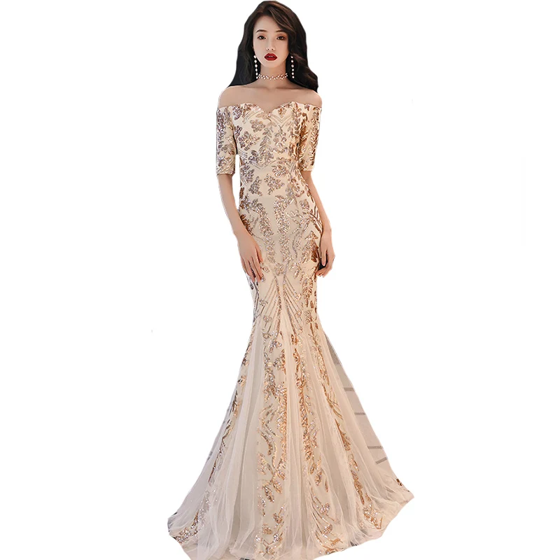 

Mermaid Sequins Eveing Dress 2019 New Elegant Champagne Color Prom Dress Sexy Off the Shoulder Half Sleeve Banquet Party Dress