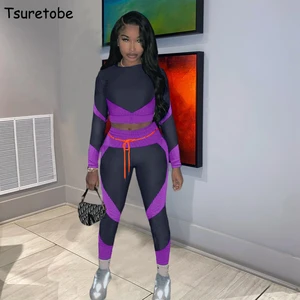 Женский спортивный костюм Tsuretobe, повседневный комплект из двух предметов, укороченный топ с высокой талией и леггинсы