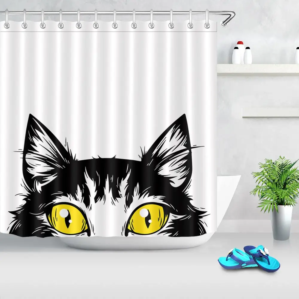 

Занавеска для ванной желтого цвета с принтом черного кота