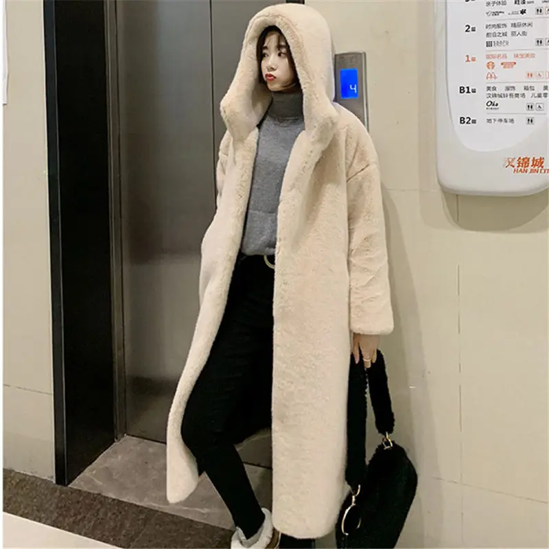 Winter Women Faux Rabbit Fur Coat Hooded Luxury Long Fur Coat Thick Warm Fluffy Jacket Plus Size Femme Plush OverCoat Teddy Coat