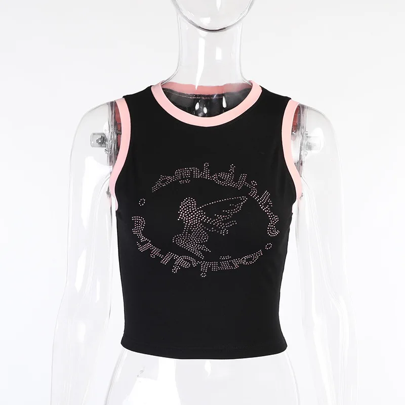 

Gothblack Fashion Angel Diamond Sleeveless Crop Top Women Patchwork O Neck Bodycon Tank Top Summer Streetwear Slim Casual Vest