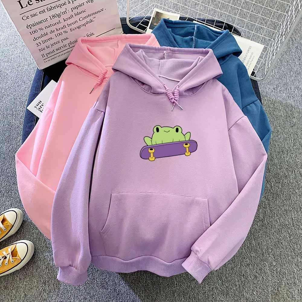 

Purple Top Harajuku Hoodie Kawaii Aesthetic Frog Sweatshirt Long Sleeve Hoodie Pullover Pocket Cotton Sweatshirt Hip Hop Style