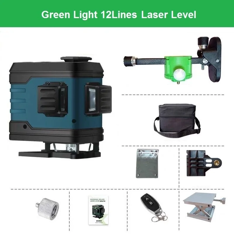 

Professional Laser Level 12 Green Lines with Remote Control 5800 mAH Lithium Battery Lifting Platform Wall Bracket Self-Leveling