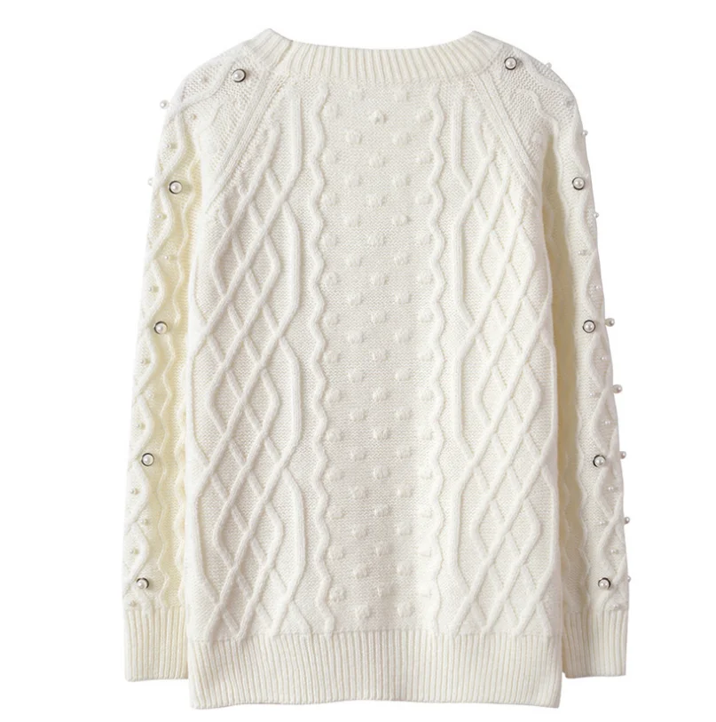 2020 Vintage Women Sweater And Pullovers Pearl Beading Long Sleeve Knitted White Tricot Pull Femme | Женская одежда