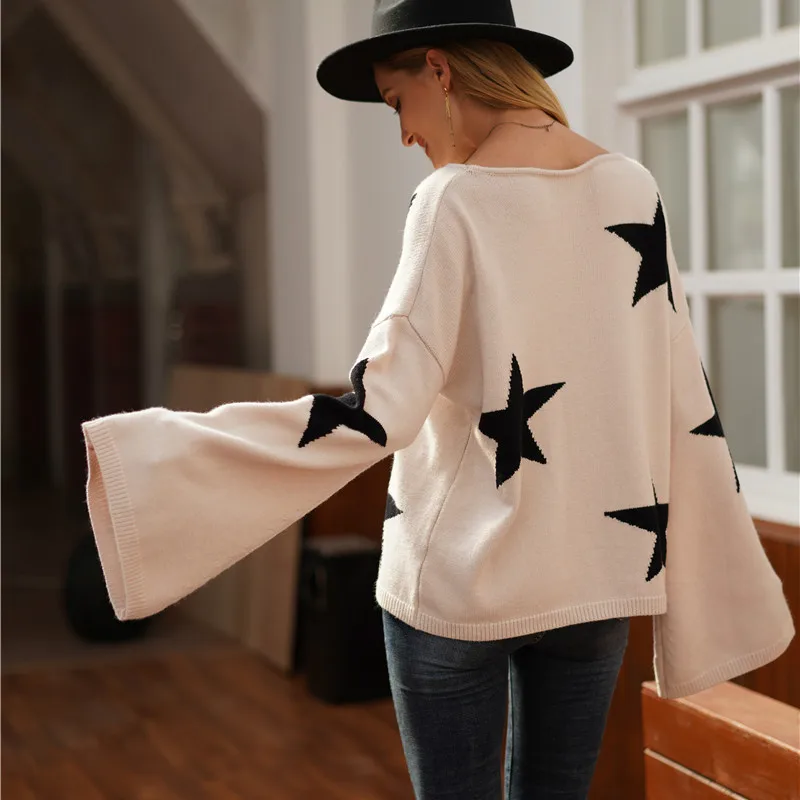 2022 Autumn Winter New Loose Stars Women Sweater Flare Sleeve Oversize Knitwear Pullovers Sweaters Casual Female Knitted Jumper | Женская